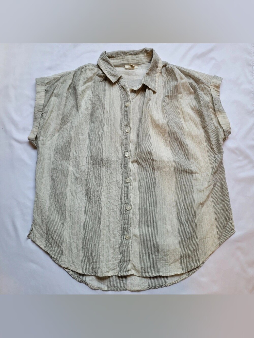 ANA A New Approach Women's  Striped Button Up Blouse PS Beige Grey